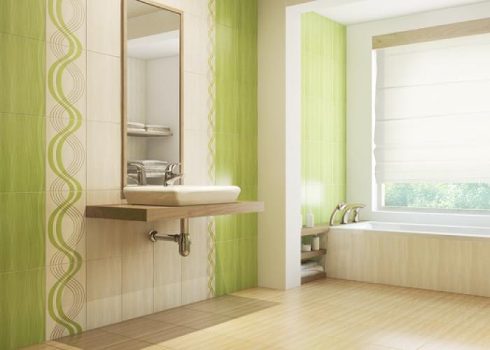 Дизайн отделки ванной комнаты в зеленом цвете. Плитка для ванной Cersanit. Коллекция 25х40