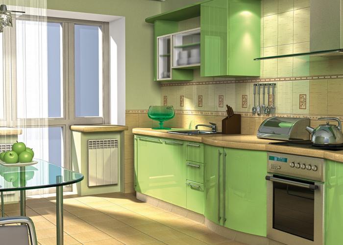Дизайн интерьера стильной кухни в зеленом цвете. Плитка Березакерамика. Серия Береста