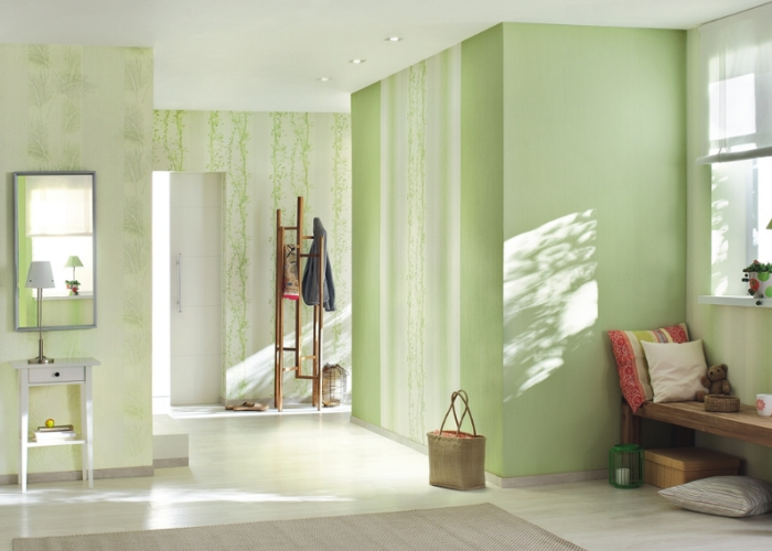 Дизайн уютной и светлой комнаты в нежно-зеленом цвете. Обои фирмы Rasch. Коллекция Easy Passion 2015
