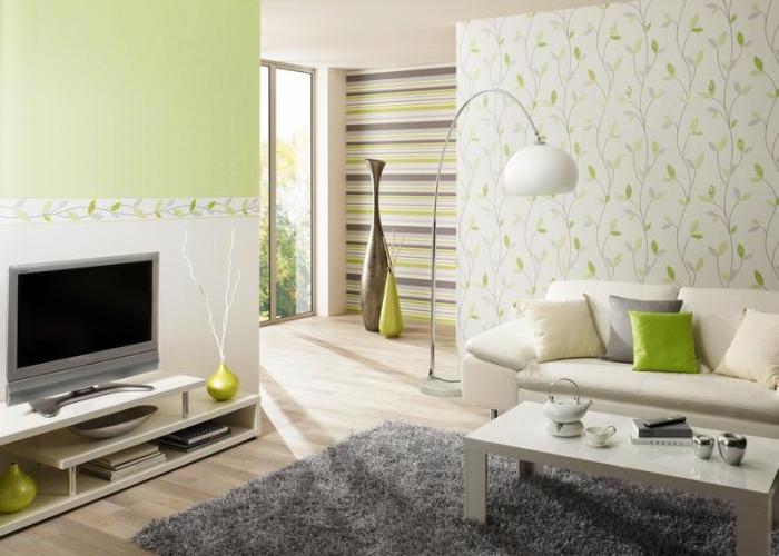 Дизайн интерьера уютной гостиной в светло-зеленом цвете. Обои фирмы P+S. Коллекция Happy Time