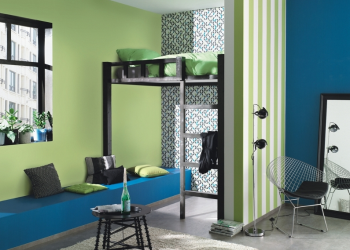 Дизайн современного интерьера комнаты в зеленом цвете. Обои фирмы Rasch. Коллекция Just me! 2014