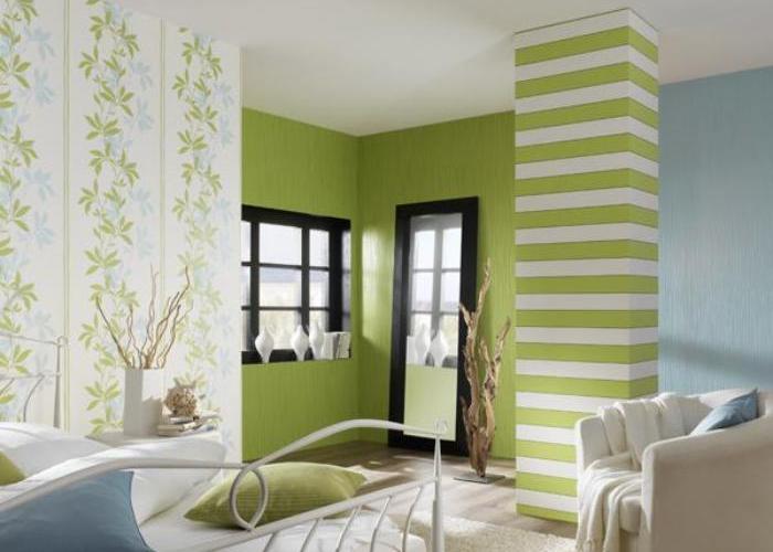 Дизайн интерьера уютной комнаты в салатовом цвете. Обои фирмы P+S. Коллекция Lacantara