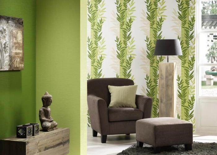 Дизайн интерьера современной стильной комнаты в зеленом цвете. Обои фирмы P+S. Коллекция Novara