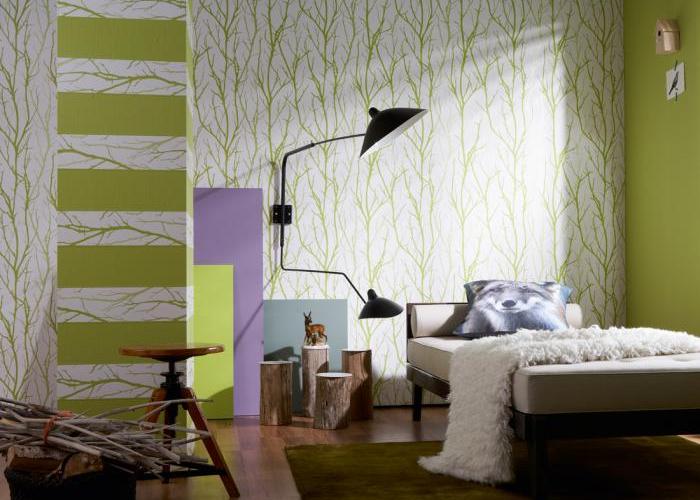 Дизайн интерьера современной стильной комнаты в светло-зеленом цвете. Обои фирмы Nursery