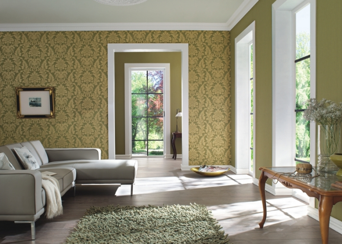 Дизайн интерьера современной уютной гостиной оливкового цвета. Обои фирмы Rasch