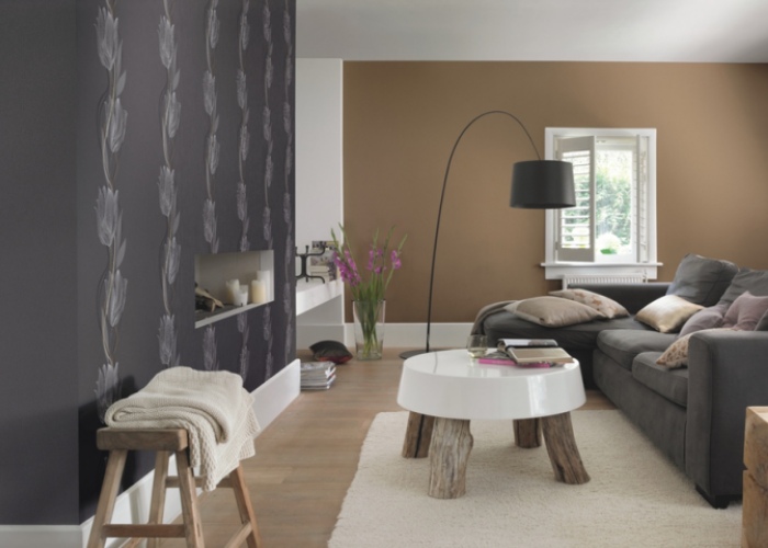 Дизайн интерьера уютной гостиной в оливковом цвете. Обои фирмы Rasch. Коллекция Seduction 2014