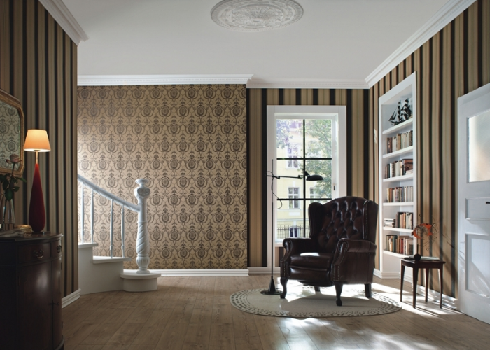 Дизайн интерьера классической гостиной в темных тонах. Обои фирмы Rasch. Коллекция Trianon 2015