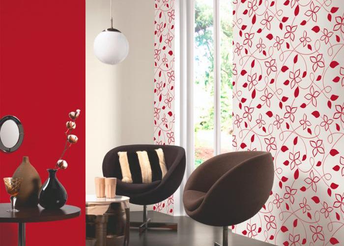 Дизайн интерьера красивой гостиной в красно-белом цвете. Обои P+S. Коллекция Lofty