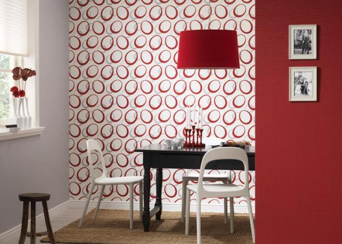 Дизайн интерьера стильной небольшой комнаты в красно-белом цвете. Обои P+S. Коллекция Novara