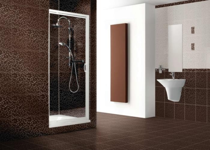Дизайн отделки ванной комнаты в коричневом цвете. Плитка для ванной Cersanit. Коллекция 25х33