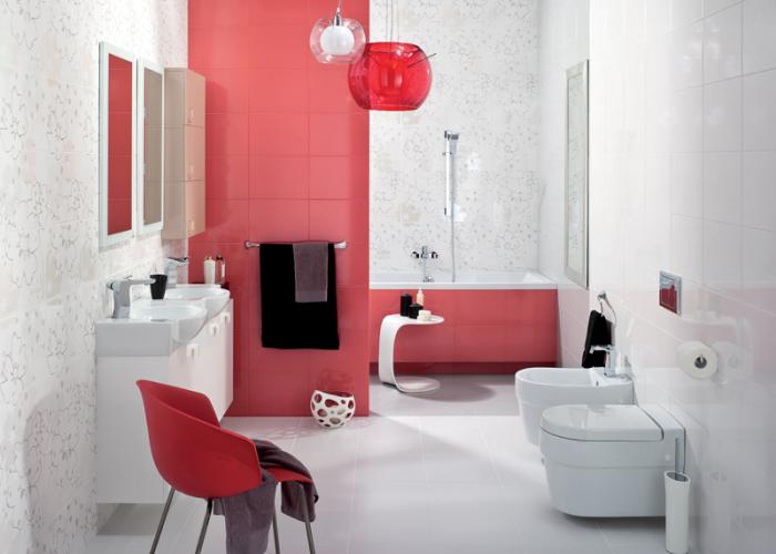 Дизайн отделки ванной в красном цвете. Плитка для ванной Cersanit. Коллекция 25х35