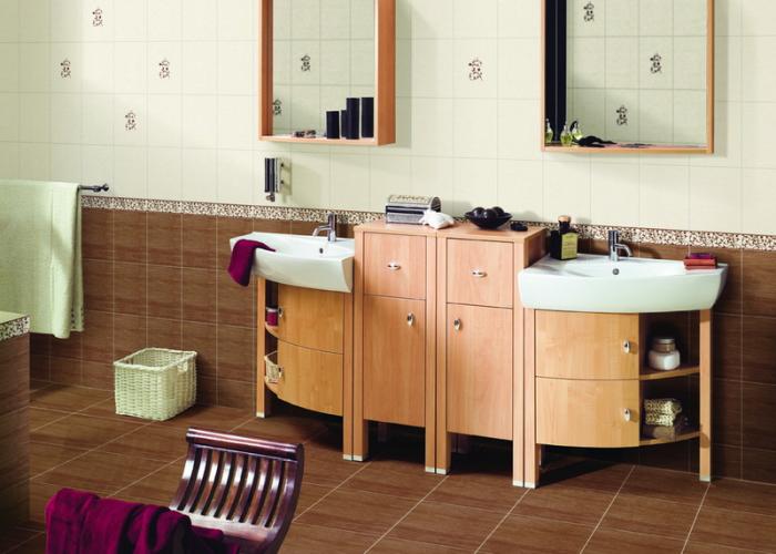 Дизайн ванной в коричневом свете. Плитка для ванной Cersanit. Коллекция Albero