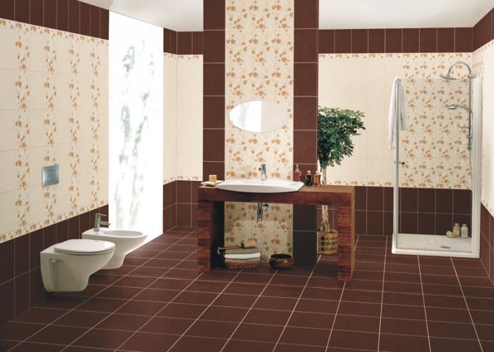 Дизайн маленькой ванной в коричневом цвете. Керамическая плитка для ванной Cersanit. Коллекция Mile