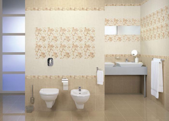 Дизайн маленькой ванной комнаты в бежевом цвете. Плитка для ванной Cersanit. Коллекция Ricamo