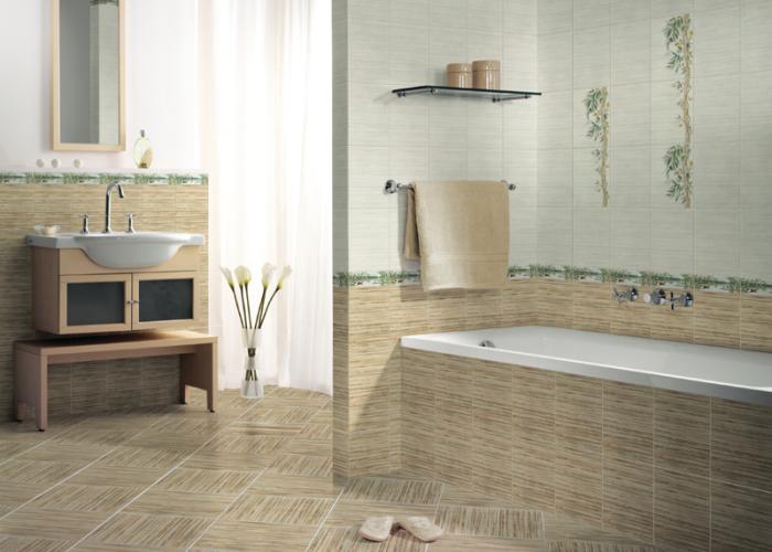 Дизайн ванной комнаты с декором бежевого цвета. Плитка для ванной Cersanit. Коллекция Salice
