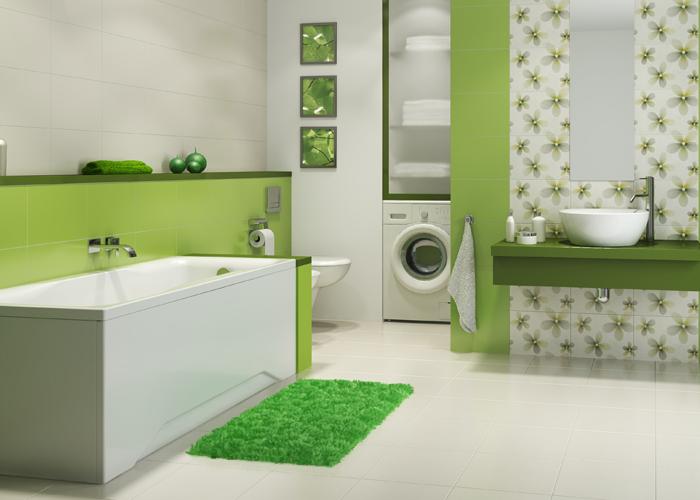 Дизайн маленькой ванной комнаты в зеленом цвете. Керамическая плитка для ванной Cersanit