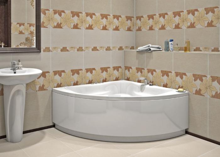 Дизайн отделки ванной комнаты в бежевом цвете. Плитка для ванной Уралкерамика. Коллекция Батиста