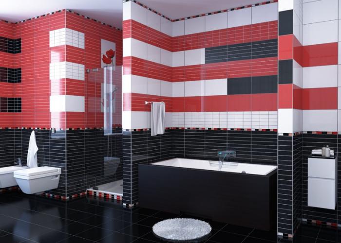 Дизайн отделки ванной комнаты в красном цвете. Плитка для ванной Уралкерамика. Коллекция Дуэт