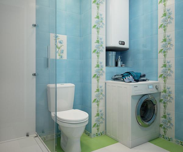 Дизайн маленькой ванной комнаты в голубом цвете с зеленым декором. Плитка для ванной Уралкерамика