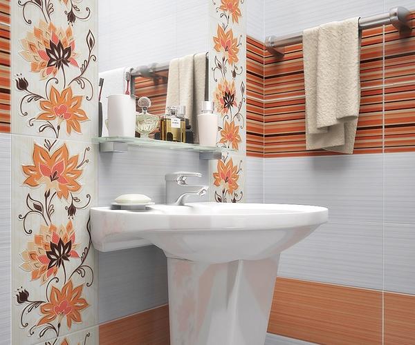 Дизайн ванной комнаты в оранжевом цвете. Плитка для ванной Уралкерамика. Коллекция Жасмин