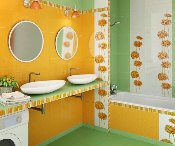 Дизайн ванной комнаты в оранжево-зеленой расцветке. Керамическая плитка для ванной Уралкерамика 