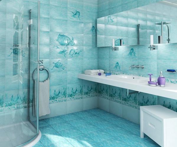 Дизайн маленькой ванной комнаты в голубом цвете. Плитка ванной Cersanit. Коллекция Лагуна