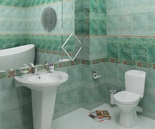 Дизайн маленькой ванной комнаты в зеленом цвете. Плитка для ванной Уралкерамика. Коллекция Малахит