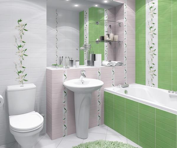 Дизайн ванной комнаты в зелено-розовом цвете с декором. Плитка для ванной Уралкерамика 