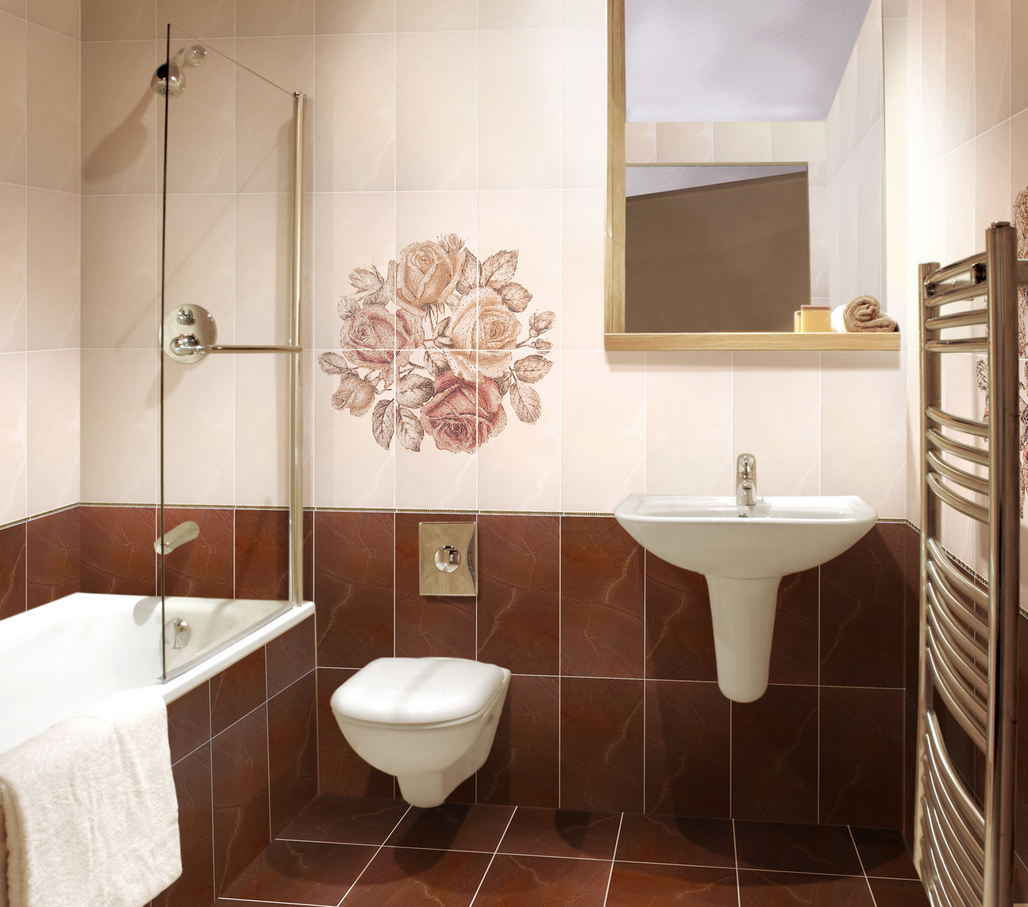 Дизайн интерьера современной ванной комнаты в коричневом цвете. Плитка для ванной Атем