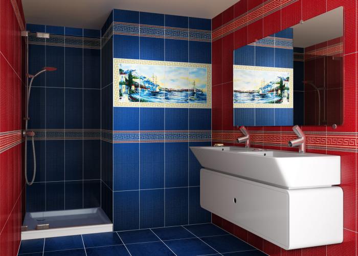Дизайн интерьера ванной комнаты в синем цвете. Плитка для ванной Атем. Коллекция Dubai