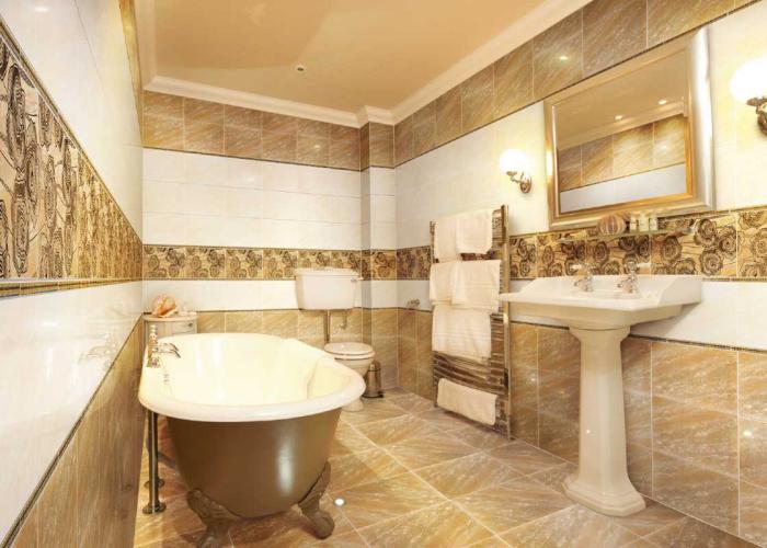 Дизайн красивой ванной комнаты песочного цвета. Керамическая плитка для ванной Атем
