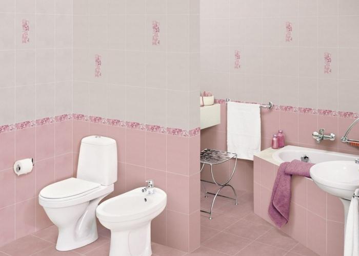 Дизайн отделки маленькой ванной комнаты в розовом цвете. Плитка для ванной Cersanit. 