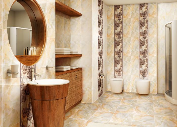 Дизайн современной светлой ванной комнаты с красивым декором. Плитка для ванной Атем
