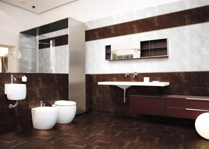 Дизайн стильной ванной комнаты в коричневых тонах. Плитка для ванной Атем. Коллекция Mirna