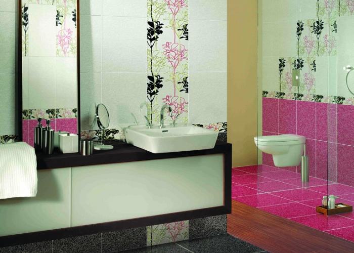 Дизайн отделки ванной из розовой плитки для ванной Cersanit. Коллекция 33х44