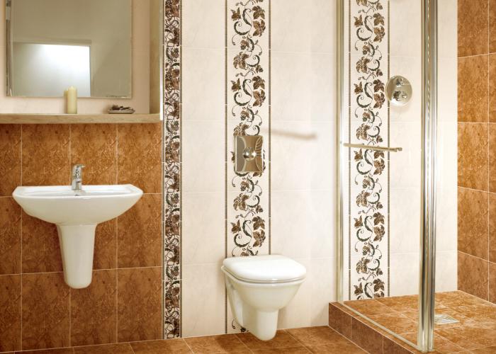 Дизайн интерьера классической ванной комнаты в бежевых цветах. Плитка для ванной Атем