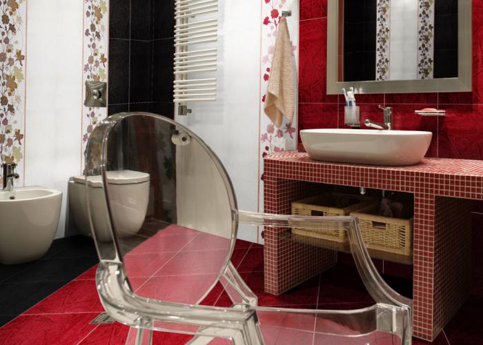 Дизайн ванной комнаты в ярком красном цвете с прекрасным декором. Плитка для ванной Атем