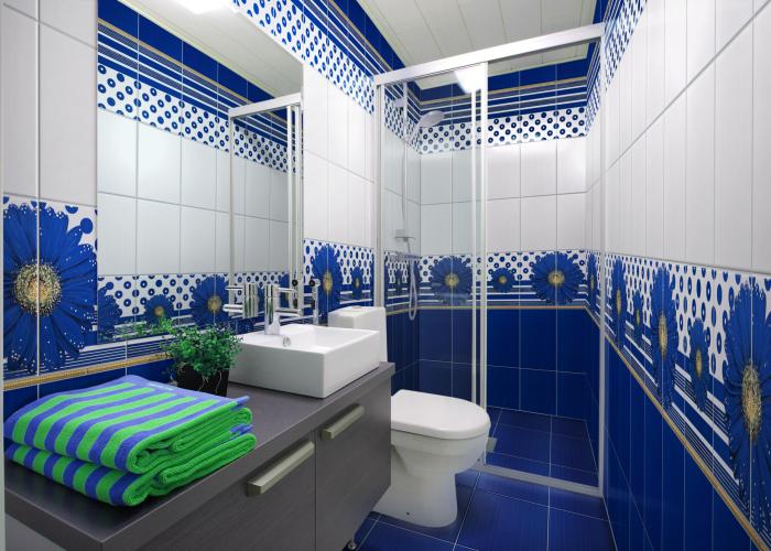 Дизайн интрьера ванной комнаты в синем цвете. Плитка для ванной Атем. Коллекция Vitel