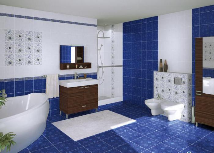 Дизайн ванной комнаты в синем цвете. Плитка для ванной Cersanit. Коллекция 20х25