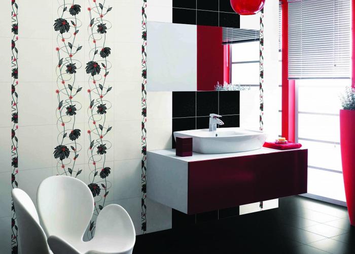 Дизайн ванной комнаты в черно белом цвете. Плитка для ванной Cersanit. Коллекция 25х33