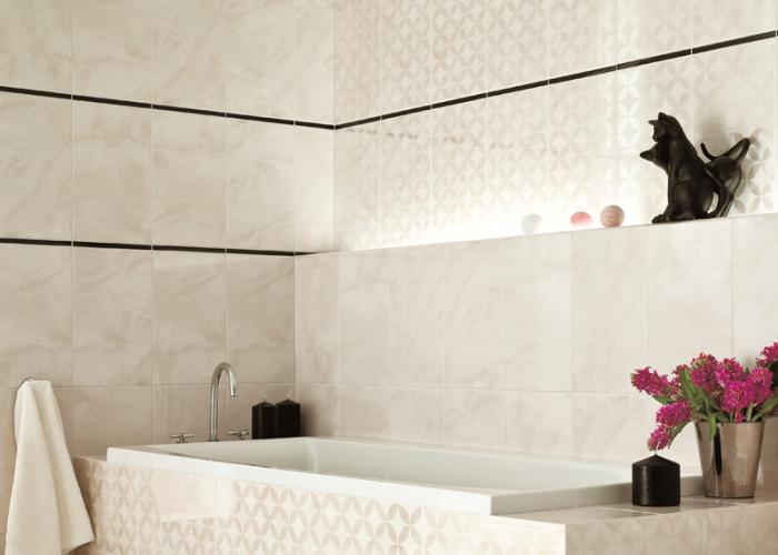 Дизайн ванной комнаты c плиткой в светлых тонах. Плитка для ванной Cersanit. Коллекция 25х40
